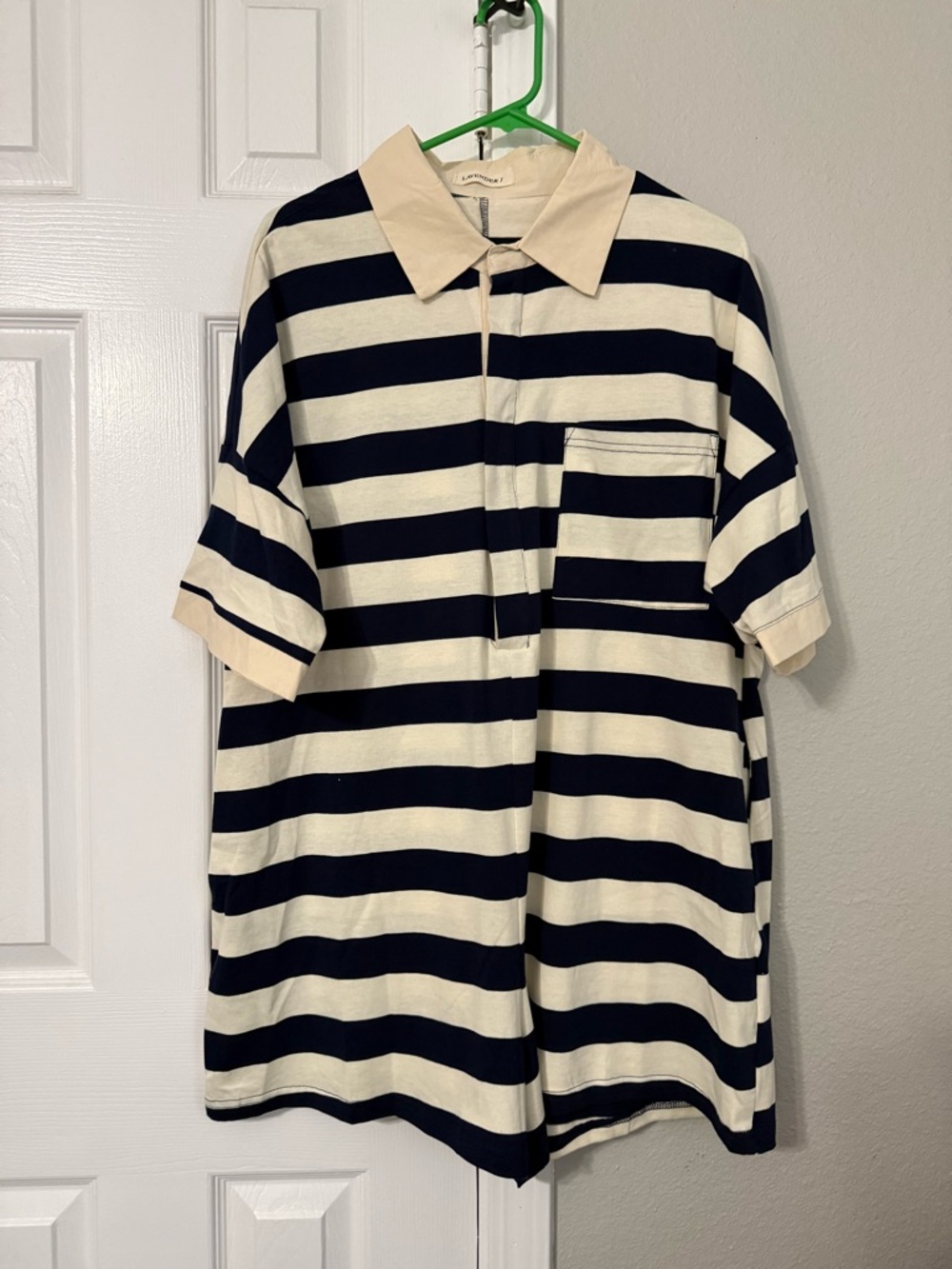Striped Short Sleeve Polo Romper in Navy and Cream